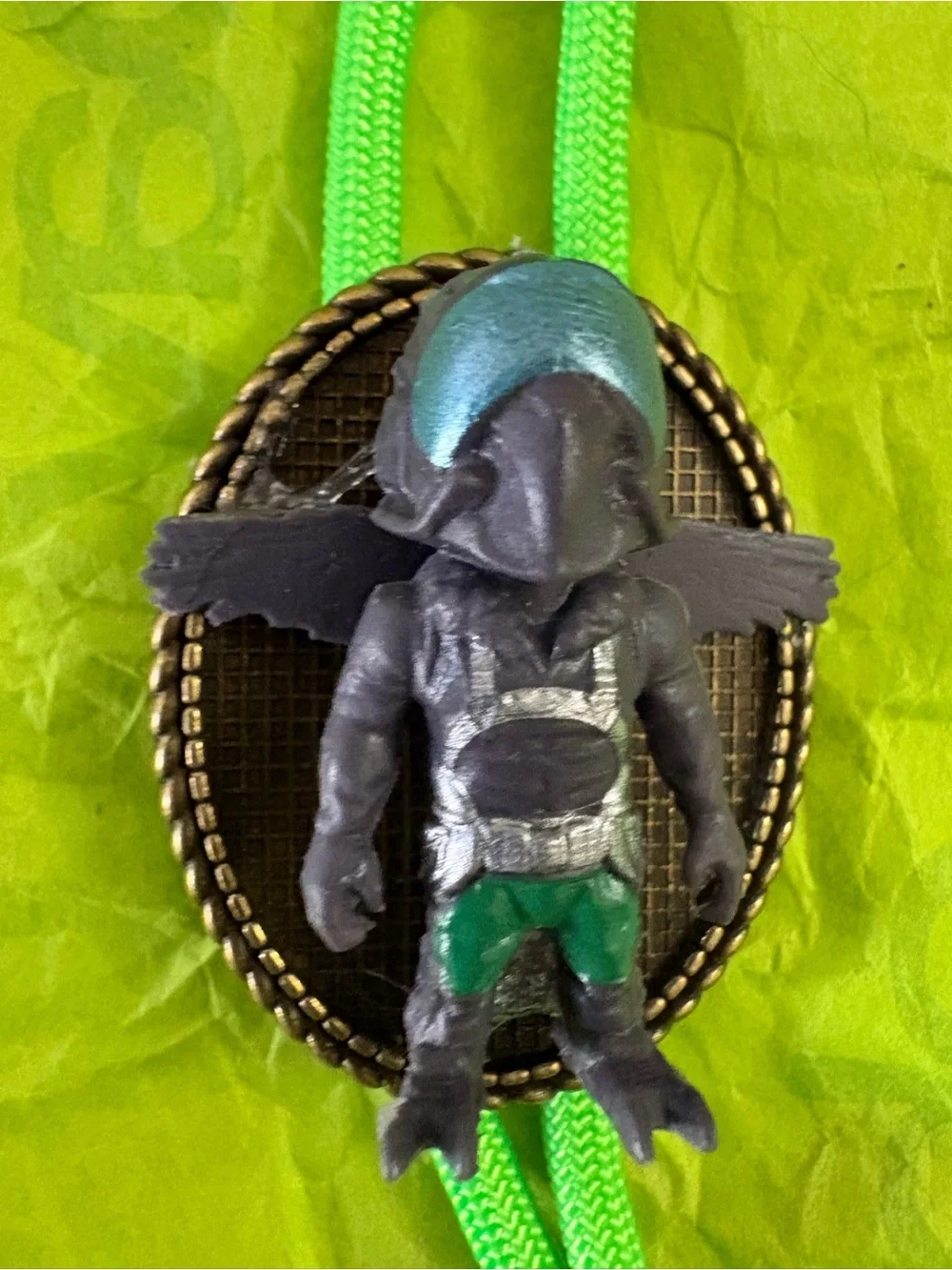 Handmade Winged Figurine Pendant on Neon Green Cord Pokémon Bolo Tie